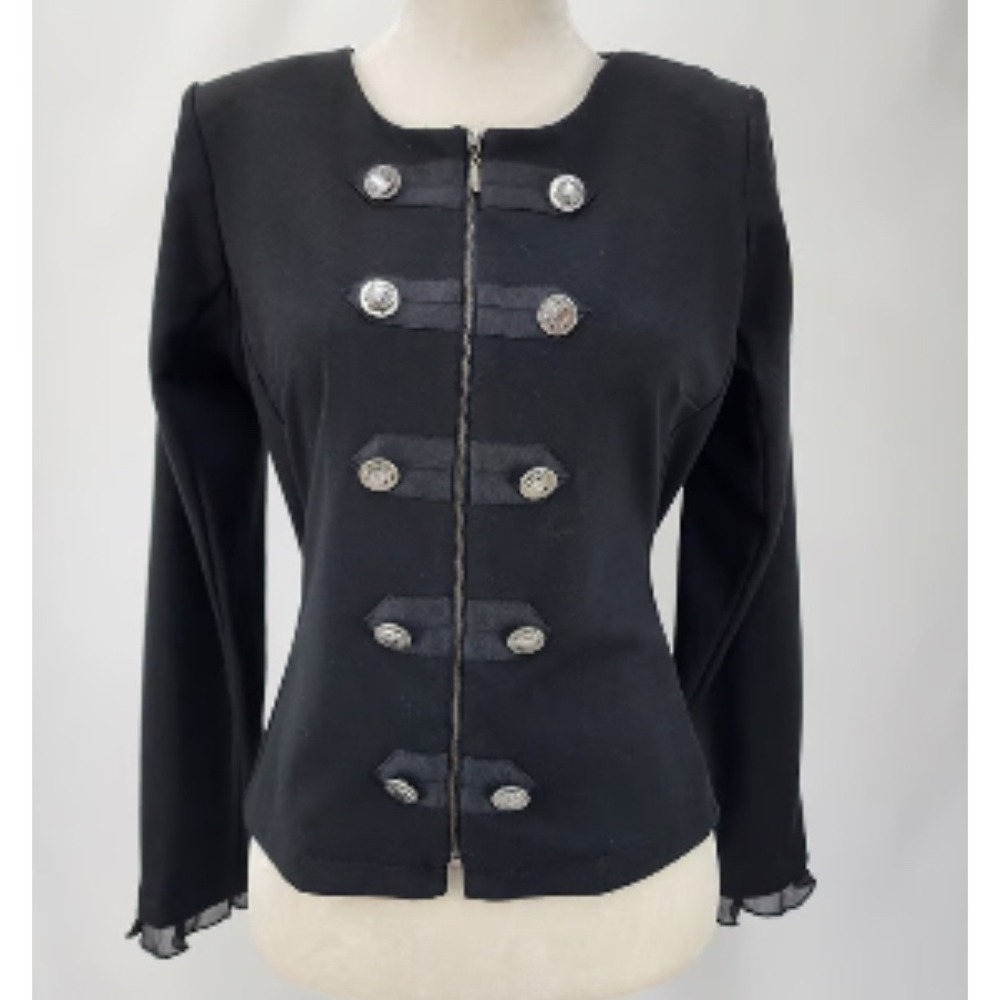 New Directions Womens Black Military Band Jacket Silver Buttons Ruffle Trim M